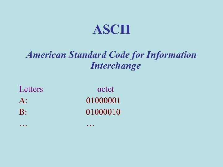 ASCII American Standard Code for Information Interchange Letters octet A: 01000001 B: 01000010 …