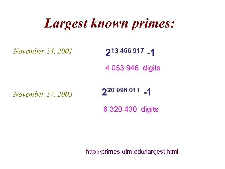 Largest known primes: November 14, 2001 213 466 917 -1 4 053 946 digits