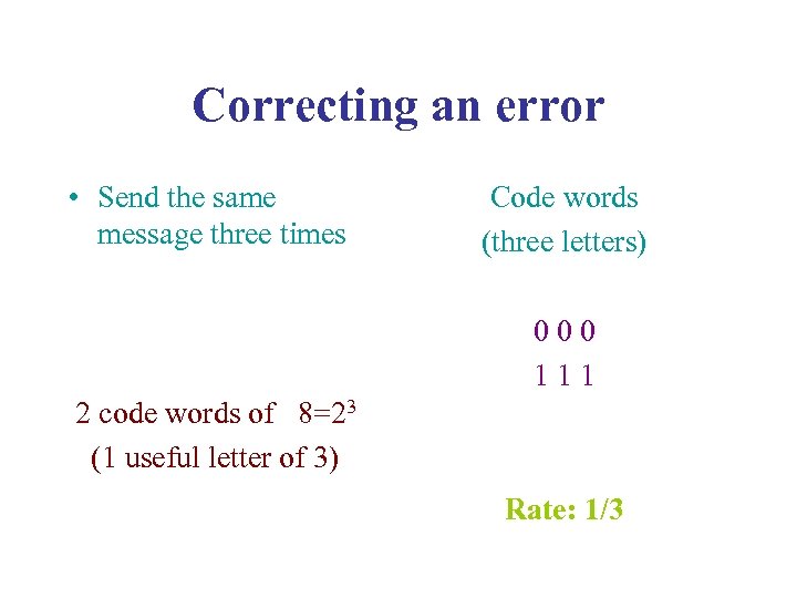 Correcting an error • Send the same message three times Code words (three letters)