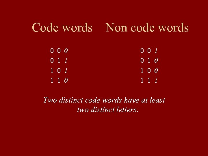  Code words Non code words 0 0 0 0 1 1 1 0