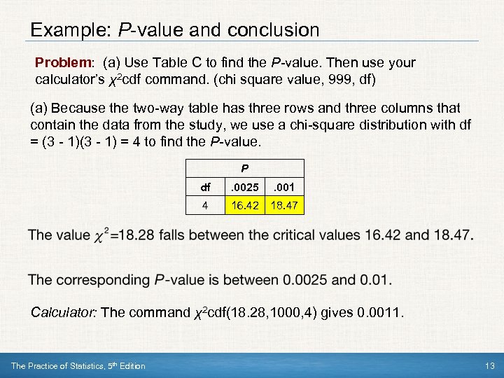 Example: P-value and conclusion Problem: (a) Use Table C to find the P-value. Then