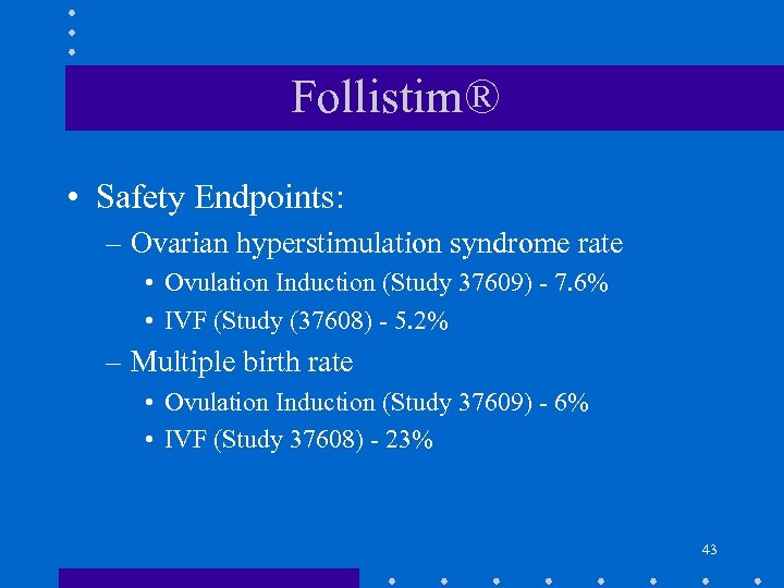 Follistim® • Safety Endpoints: – Ovarian hyperstimulation syndrome rate • Ovulation Induction (Study 37609)