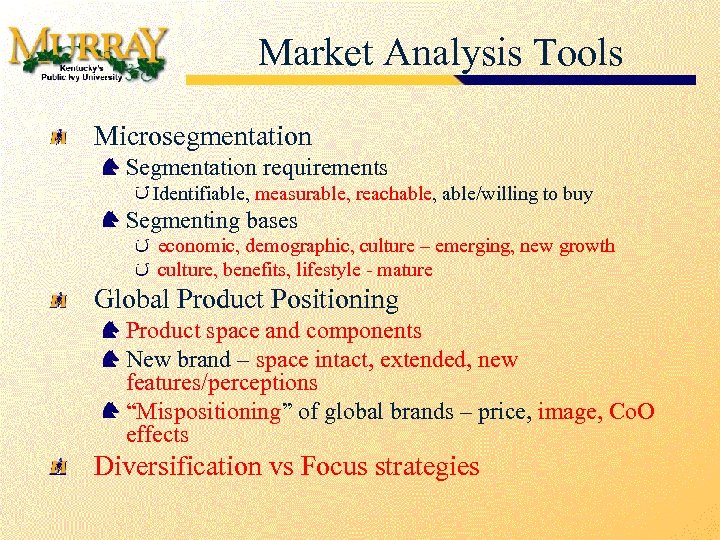 Market Analysis Tools Microsegmentation Segmentation requirements Identifiable, measurable, reachable, able/willing to buy Segmenting bases
