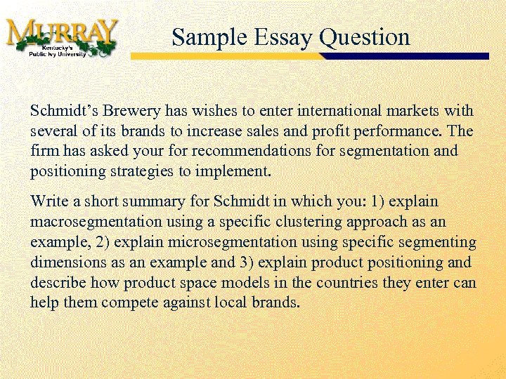 Sample Essay Question Schmidt’s Brewery has wishes to enter international markets with several of