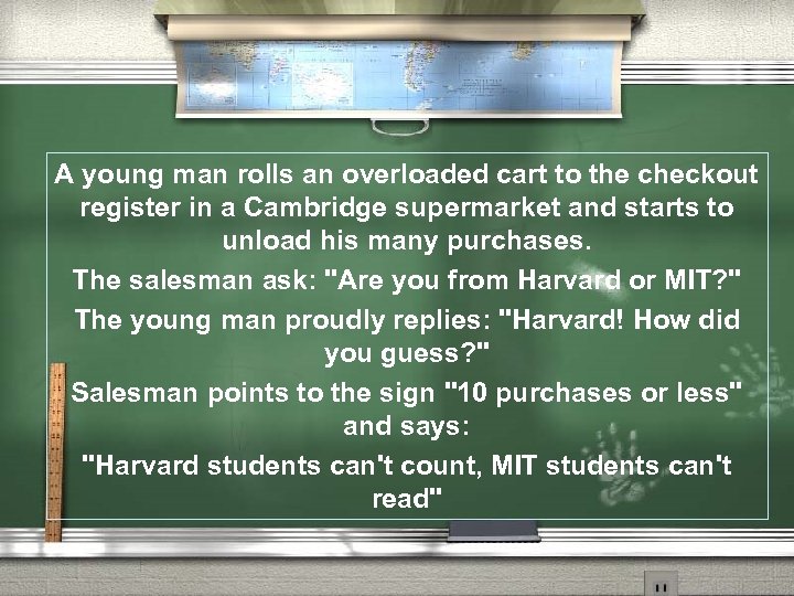 A young man rolls an overloaded cart to the checkout register in a Cambridge