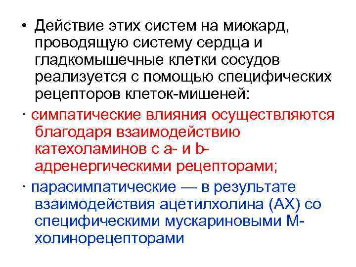 • Действие этих систем на миокард, проводящую систему сердца и гладкомышечные клетки сосудов