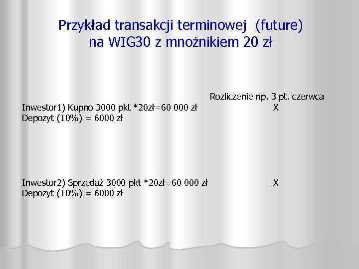 Przykład transakcji terminowej (future) na WIG 30 z mnożnikiem 20 zł Rozliczenie np. 3