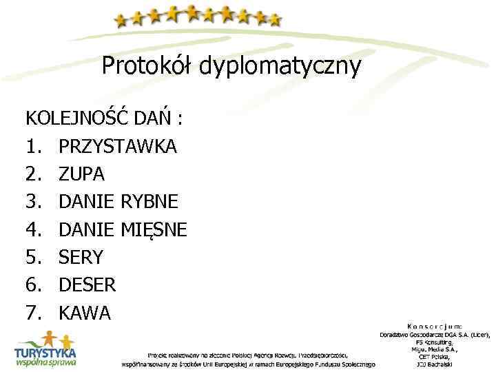 Protokół dyplomatyczny KOLEJNOŚĆ DAŃ : 1. PRZYSTAWKA 2. ZUPA 3. DANIE RYBNE 4. DANIE