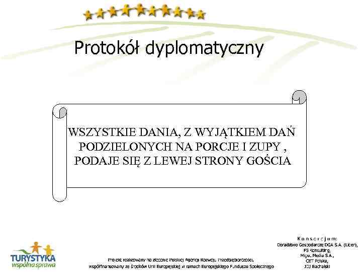 Protokół dyplomatyczny WSZYSTKIE DANIA, Z WYJĄTKIEM DAŃ PODZIELONYCH NA PORCJE I ZUPY , PODAJE