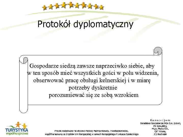 Protokół dyplomatyczny Gospodarze siedzą zawsze naprzeciwko siebie, aby w ten sposób mieć wszystkich gości