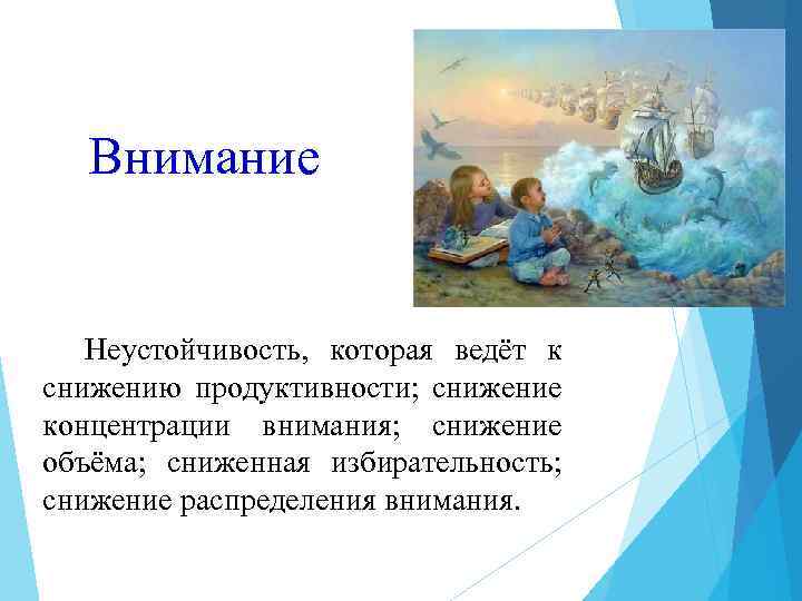 Внимание Неустойчивость, которая ведёт к снижению продуктивности; снижение концентрации внимания; снижение объёма; сниженная избирательность;