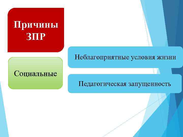 Причины ЗПР Неблагоприятные условия жизни Социальные Педагогическая запущенность 