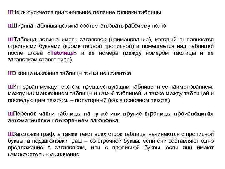 Ш Не допускается диагональное деление головки таблицы Ш Ширина таблицы должна соответствовать рабочему полю