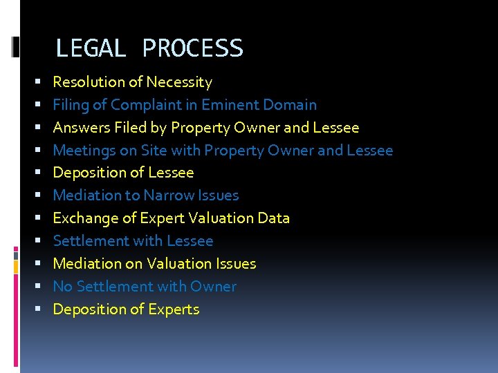 LEGAL PROCESS Resolution of Necessity Filing of Complaint in Eminent Domain Answers Filed by