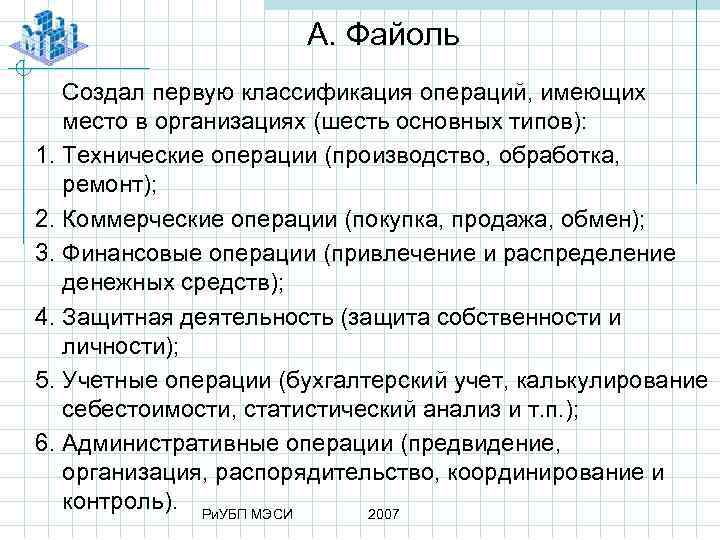 А. Файоль Создал первую классификация операций, имеющих место в организациях (шесть основных типов): 1.