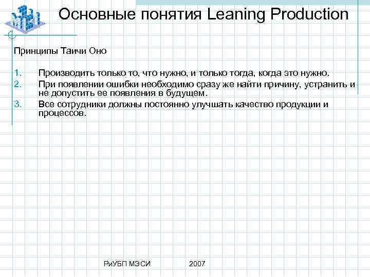 Основные понятия Leaning Production Принципы Таичи Оно 1. 2. 3. Производить только то, что