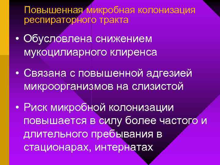 Повышенная микробная колонизация респираторного тракта • Обусловлена снижением мукоцилиарного клиренса • Связана с повышенной