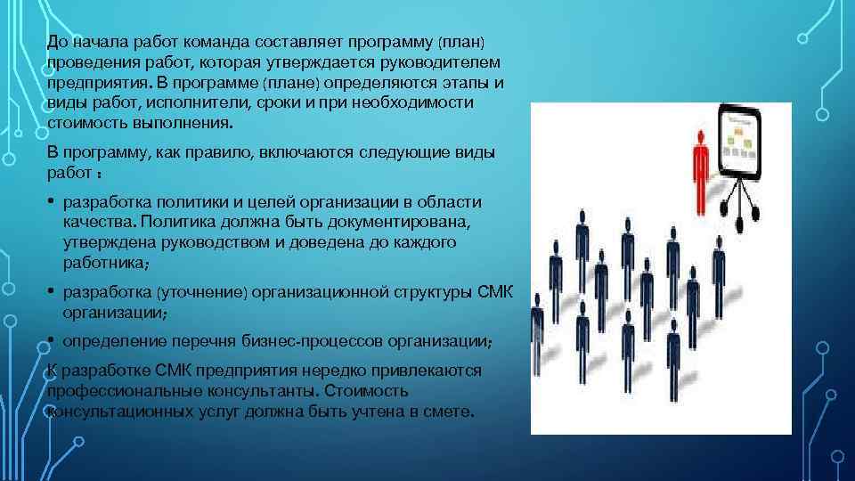 До начала работ команда составляет программу (план) проведения работ, которая утверждается руководителем предприятия. В