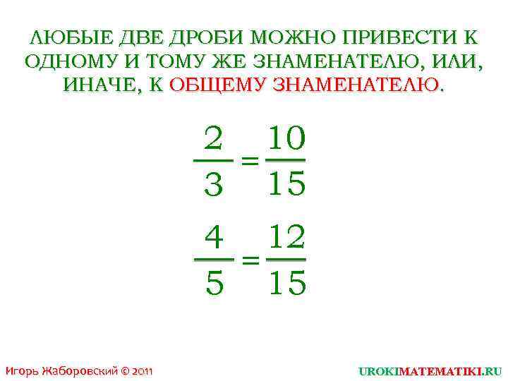 ЛЮБЫЕ ДВЕ ДРОБИ МОЖНО ПРИВЕСТИ К ОДНОМУ И ТОМУ ЖЕ ЗНАМЕНАТЕЛЮ, ИЛИ, ИНАЧЕ, К