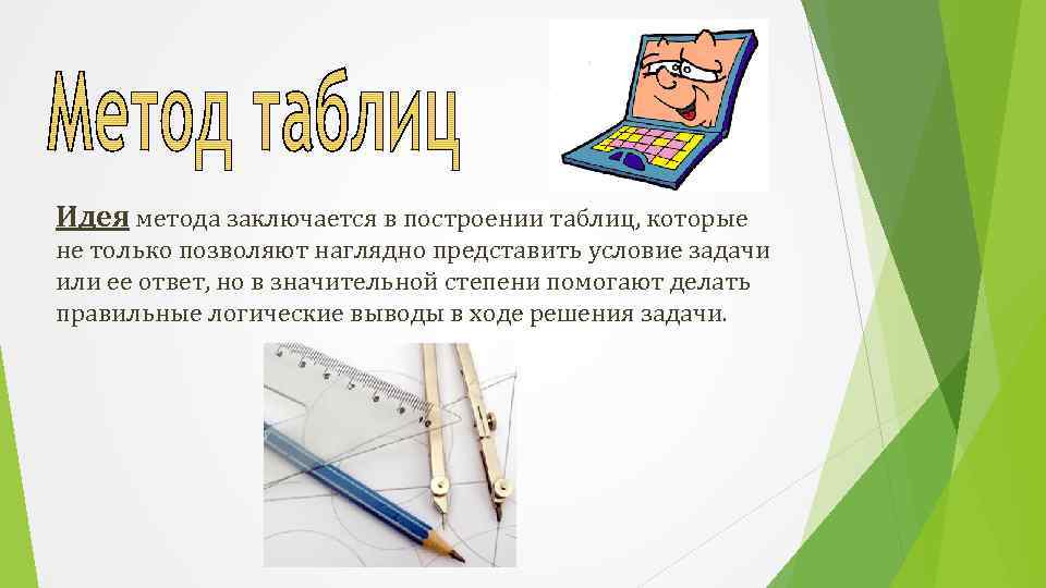 Идея метода заключается в построении таблиц, которые не только позволяют наглядно представить условие задачи