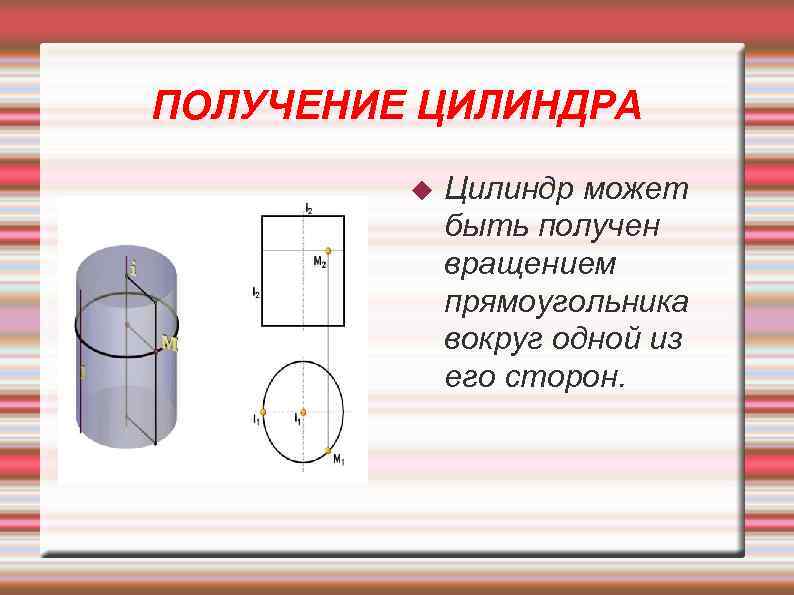 ПОЛУЧЕНИЕ ЦИЛИНДРА Цилиндр может быть получен вращением прямоугольника вокруг одной из его сторон. 