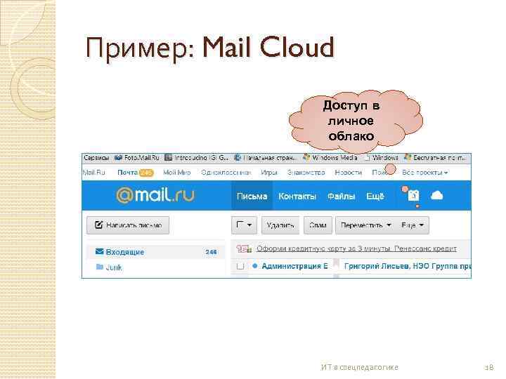 Пример: Mail Cloud Доступ в личное облако ИТ в спецпедагогике 18 