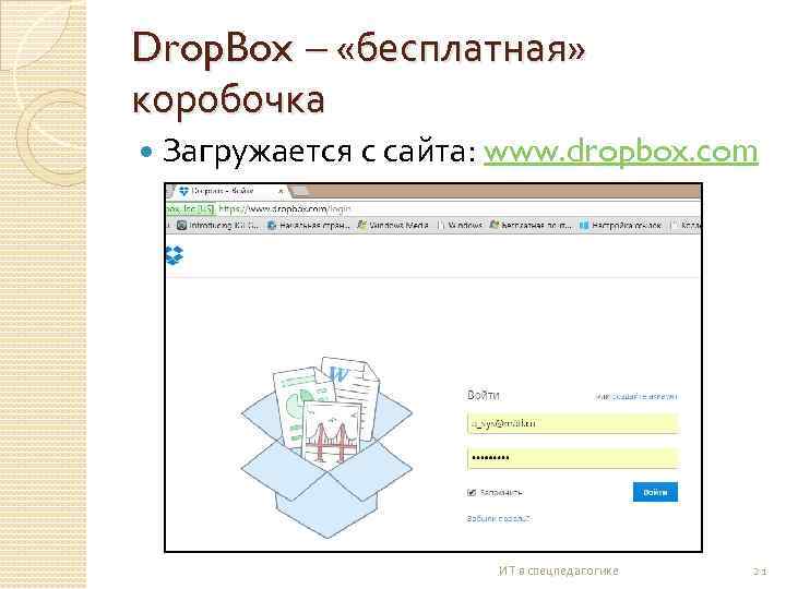 Drop. Box – «бесплатная» коробочка Загружается с сайта: www. dropbox. com ИТ в спецпедагогике