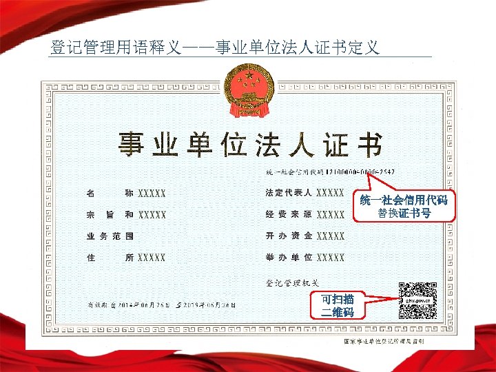 登记管理用语释义——事业单位法人证书定义 统一社会信用代码 替换证书号 可扫描 二维码 