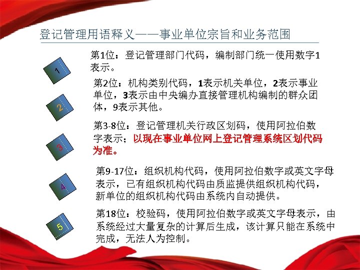 登记管理用语释义——事业单位宗旨和业务范围 第 1位：登记管理部门代码，编制部门统一使用数字 1 表示。 1 2 第 2位：机构类别代码，1表示机关单位，2表示事业 单位，3表示由中央编办直接管理机构编制的群众团 体，9表示其他。 3 第 3