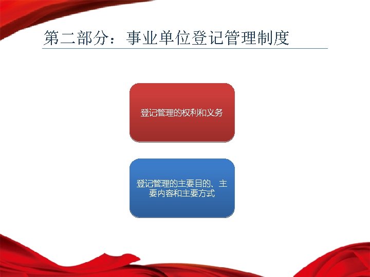 第二部分：事业单位登记管理制度 登记管理的权利和义务 登记管理的主要目的、主 要内容和主要方式 