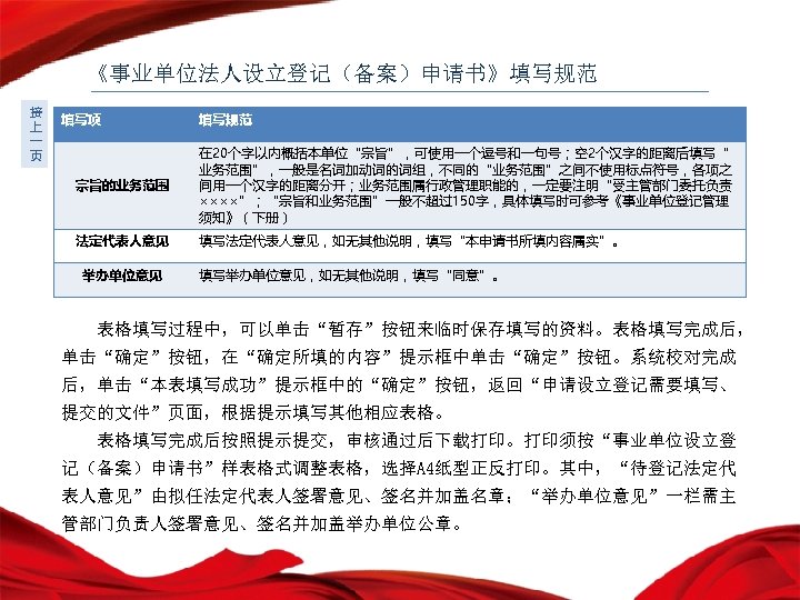 《事业单位法人设立登记（备案）申请书》填写规范 接 上 一 页 填写项 填写规范 宗旨的业务范围 在 20个字以内概括本单位“宗旨”，可使用一个逗号和一句号；空 2个汉字的距离后填写“ 业务范围”，一般是名词加动词的词组，不同的“业务范围”之间不使用标点符号，各项之 间用一个汉字的距离分开；业务范围属行政管理职能的，一定要注明“受主管部门委托负责 ××××”；“宗旨和业务范围”一般不超过150字，具体填写时可参考《事业单位登记管理