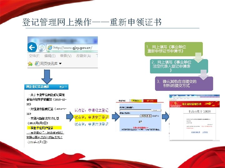 登记管理网上操作——重新申领证书 1、网上填写《事业单位 重新申领证书申请书》 2、网上填写《事业单位 法定代表人登记申请表 》 3、确认其他应当提交的 材料的提交方式 