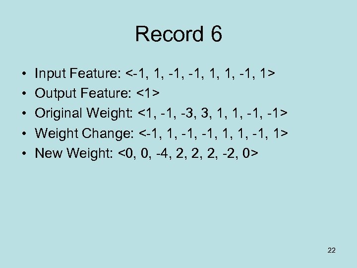 Record 6 • • • Input Feature: <-1, 1, 1, -1, 1> Output Feature: