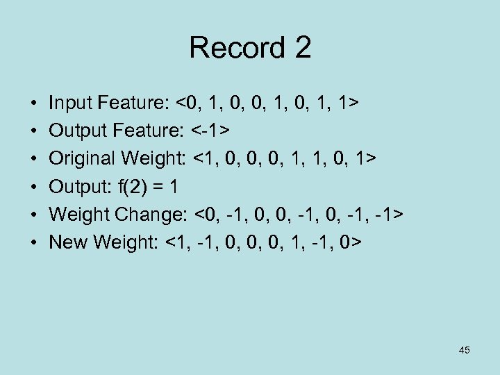 Record 2 • • • Input Feature: <0, 1, 1> Output Feature: <-1> Original