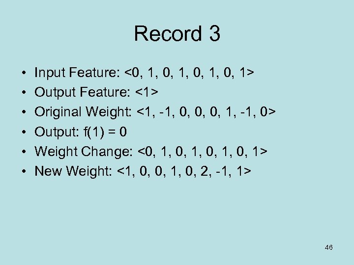 Record 3 • • • Input Feature: <0, 1, 0, 1> Output Feature: <1>