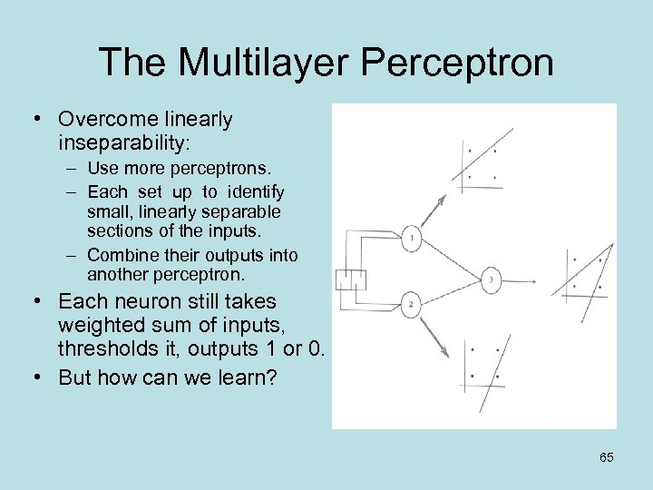 The Multilayer Perceptron • Overcome linearly inseparability: – Use more perceptrons. – Each set