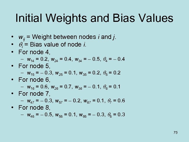 Initial Weights and Bias Values • wij = Weight between nodes i and j.