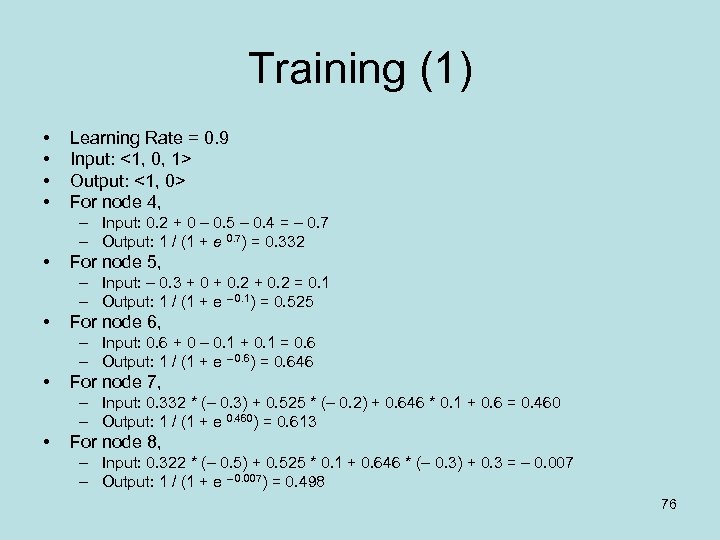 Training (1) • • Learning Rate = 0. 9 Input: <1, 0, 1> Output: