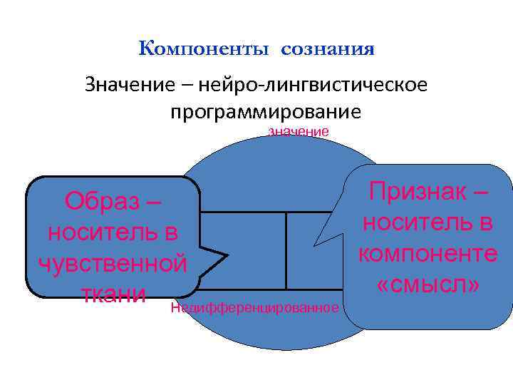 Компоненты сознания Значение – нейро-лингвистическое программирование значение Признак – Образ – носитель в компоненте