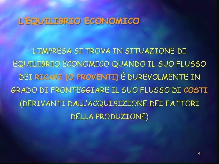 L’EQUILIBRIO ECONOMICO L’IMPRESA SI TROVA IN SITUAZIONE DI EQUILIBRIO ECONOMICO QUANDO IL SUO FLUSSO