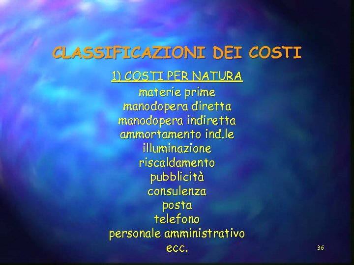 CLASSIFICAZIONI DEI COSTI 1) COSTI PER NATURA materie prime manodopera diretta manodopera indiretta ammortamento