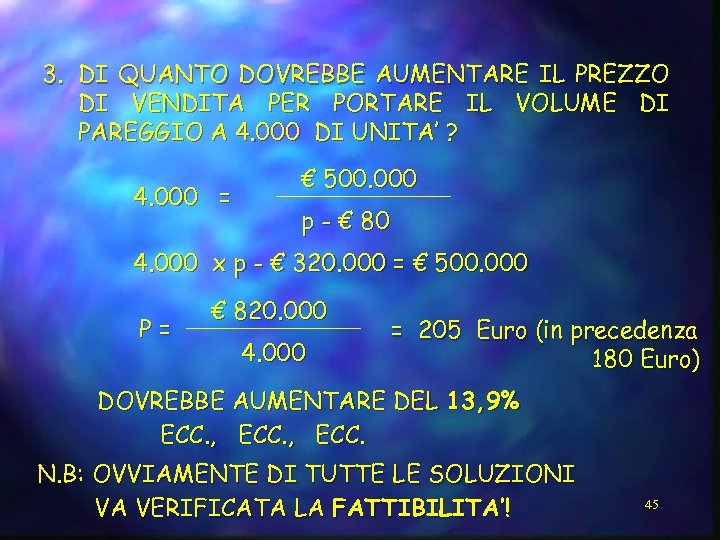 3. DI QUANTO DOVREBBE AUMENTARE IL PREZZO DI VENDITA PER PORTARE IL VOLUME DI
