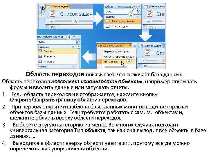 Область переходов показывает, что включает база данных. Область переходов позволяет использовать объекты, например открывать