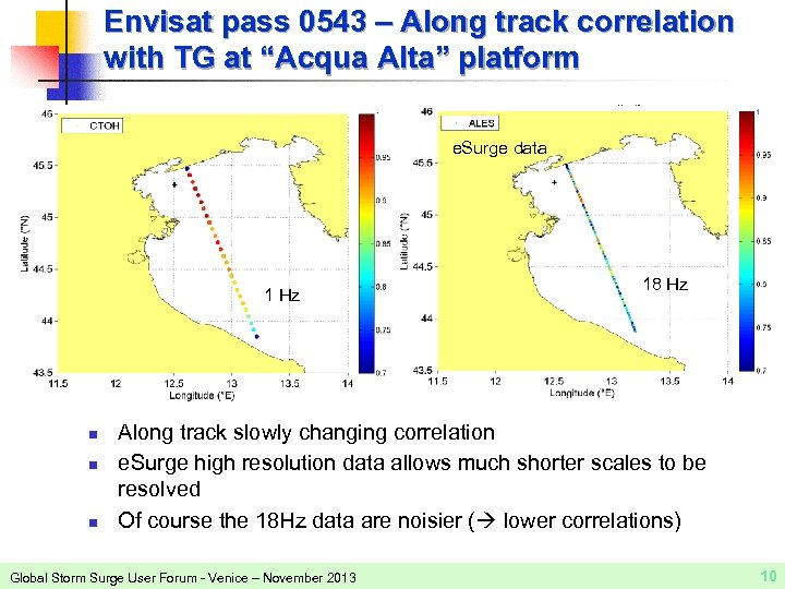 Envisat pass 0543 – Along track correlation with TG at “Acqua Alta” platform e.