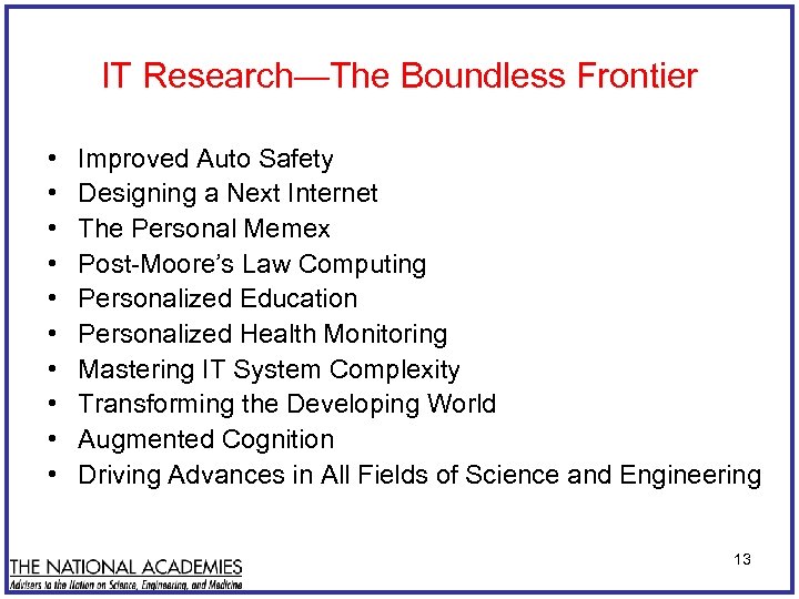 IT Research—The Boundless Frontier • • • Improved Auto Safety Designing a Next Internet