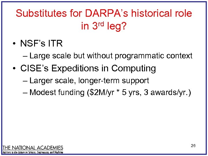 Substitutes for DARPA’s historical role in 3 rd leg? • NSF’s ITR – Large