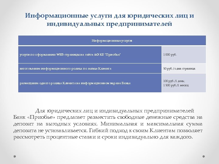 Информационные услуги для юридических лиц и индивидуальных предпринимателей Информационные услуги: услуги по оформлению WEB-страницы