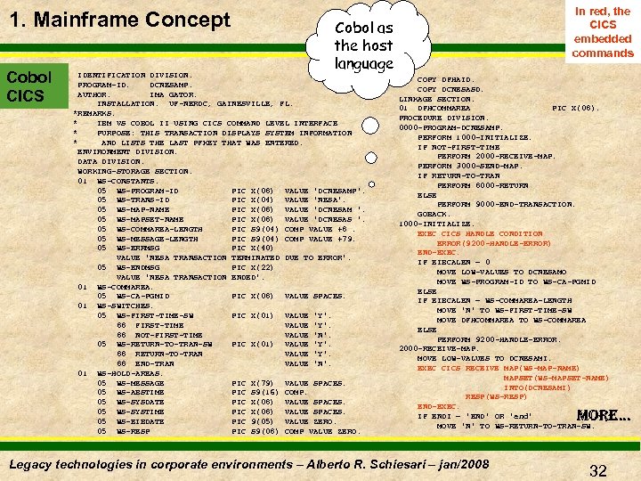 1. Mainframe Concept Cobol CICS In red, the CICS embedded commands Cobol as the