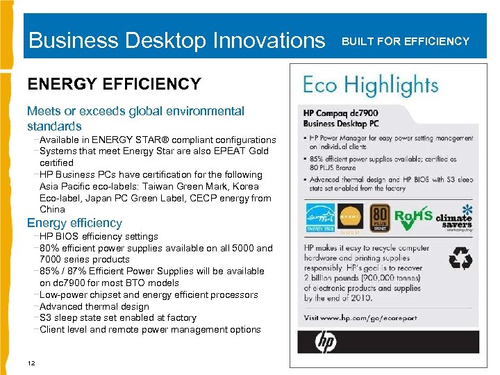 Business Desktop Innovations ENERGY EFFICIENCY Meets or exceeds global environmental standards − Available in