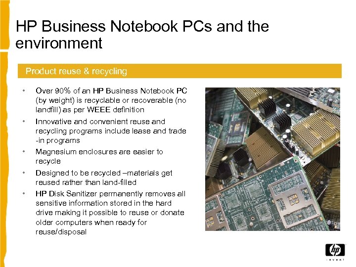 HP Business Notebook PCs and the environment Product reuse & recycling • • •